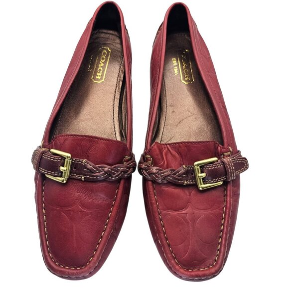 Coach 8M Red Leather Saidey Driving Moccasins Loafers Slip On A2338 Logo Buckle - Picture 1 of 16